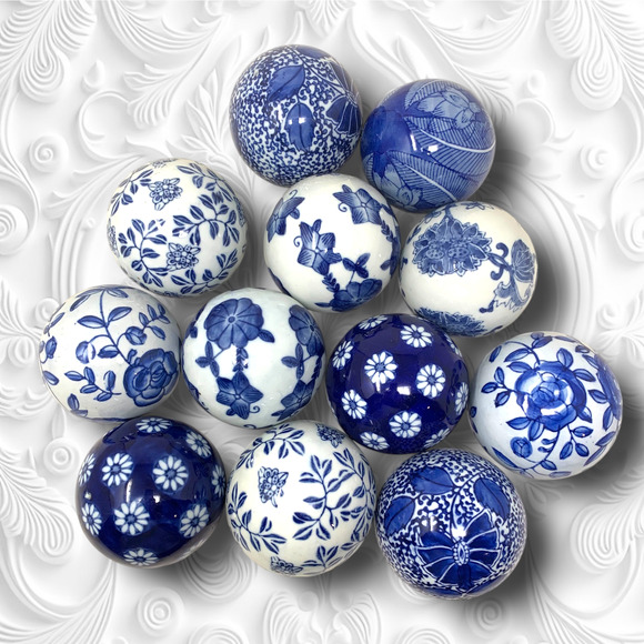 Vintage Y2K Lot 12 x Pier 1 Blue White Chinoiserie Ceramic Carpet Balls Orbs - Picture 1 of 6